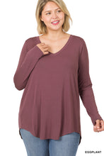 Load image into Gallery viewer, LONG SLEEVE V-NECK DOLPHIN HEM TOP (EGGPLANT)
