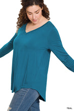 Load image into Gallery viewer, LONG SLEEVE V-NECK DOLPHIN HEM TOP (TEAL)