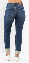 Load image into Gallery viewer, Mid Rise Buffalo Plaid Knee Destroy Patches & Cuff Boyfriend