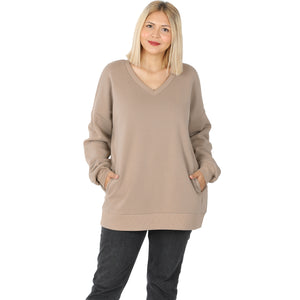 Long Sleeve V-Neck Sweatshirt w/ Side Pockets - Ash Mocha