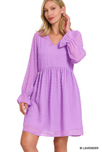 Load image into Gallery viewer, Swiss Dot Long Sleeve V-Neck Dress - B Lavender
