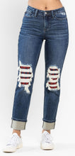Load image into Gallery viewer, Mid Rise Buffalo Plaid Knee Destroy Patches &amp; Cuff Boyfriend
