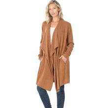 Load image into Gallery viewer, Draped Open Front Cardigan Sweater - Deep Camel
